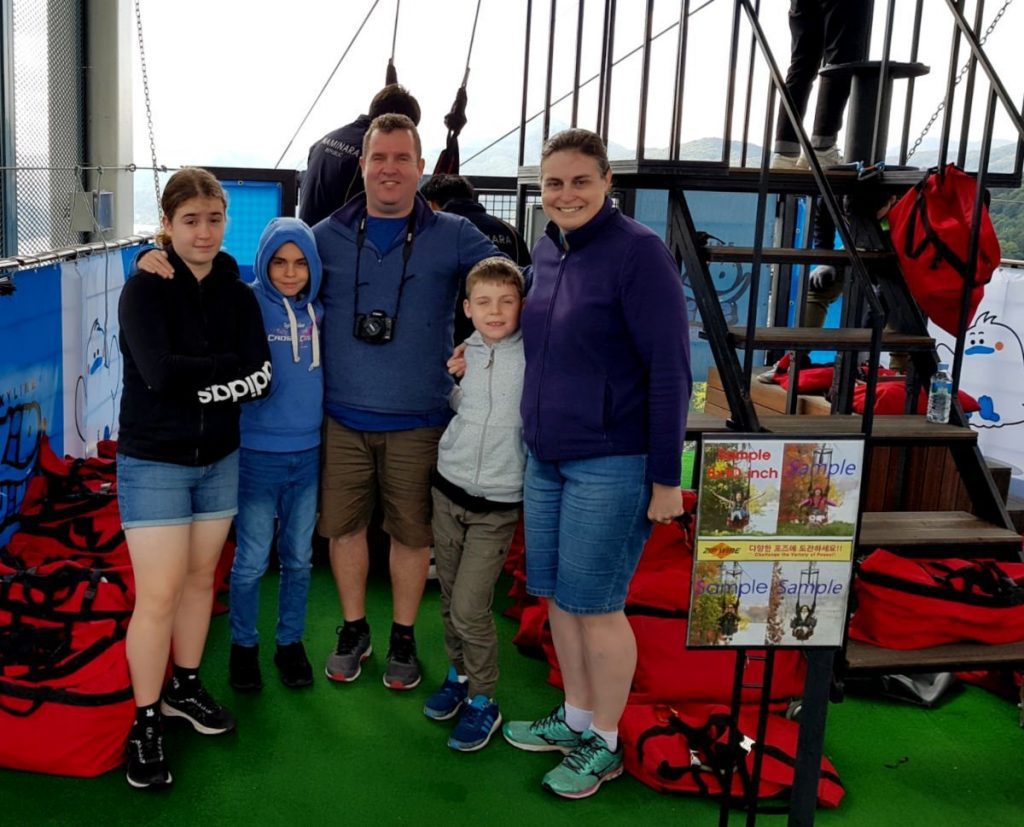 Our Family waiting for our turn to ride the Nami Island Zipline!