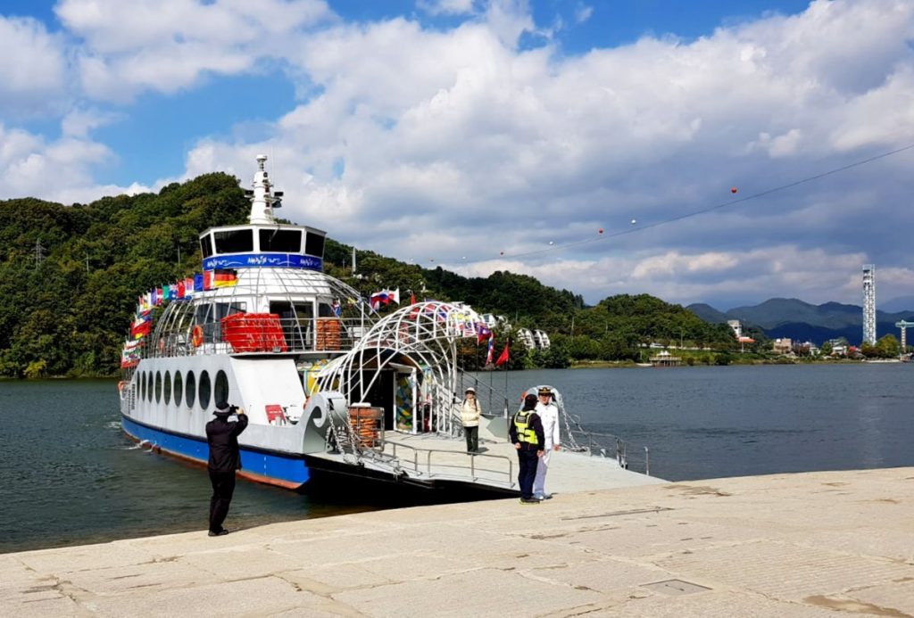 The Nami Island Ferry - with the start of the Nami Island Zipline in the background
