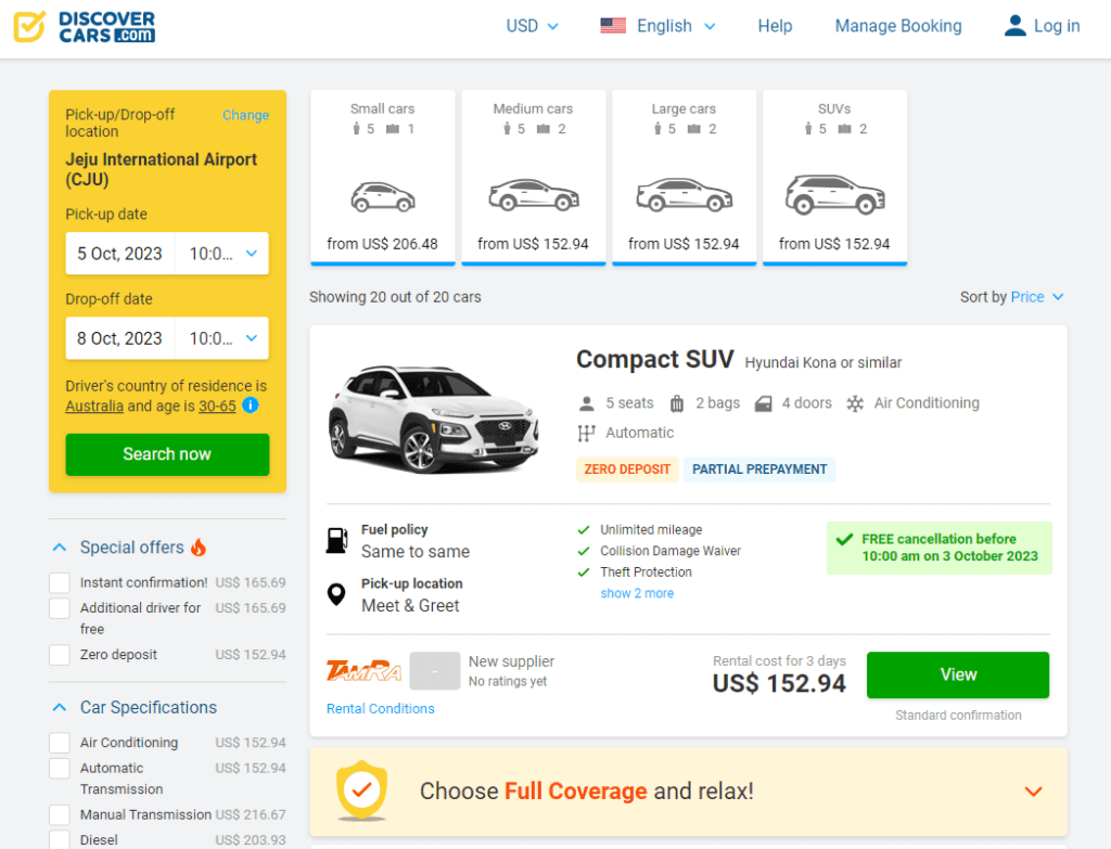 Discover Cars Jeju Car Rental Search Results Screen