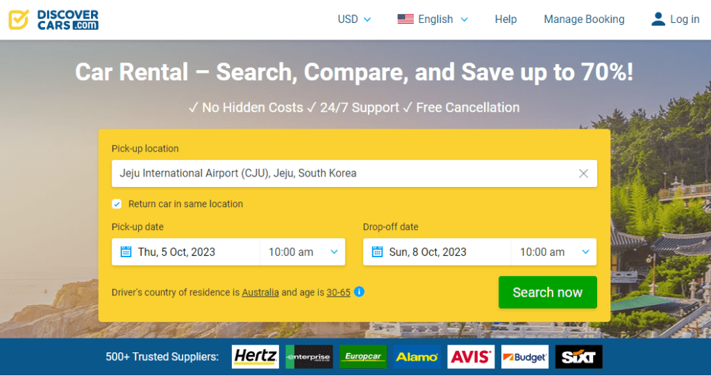 Discover Cars Jeju Car Rental Search Screen