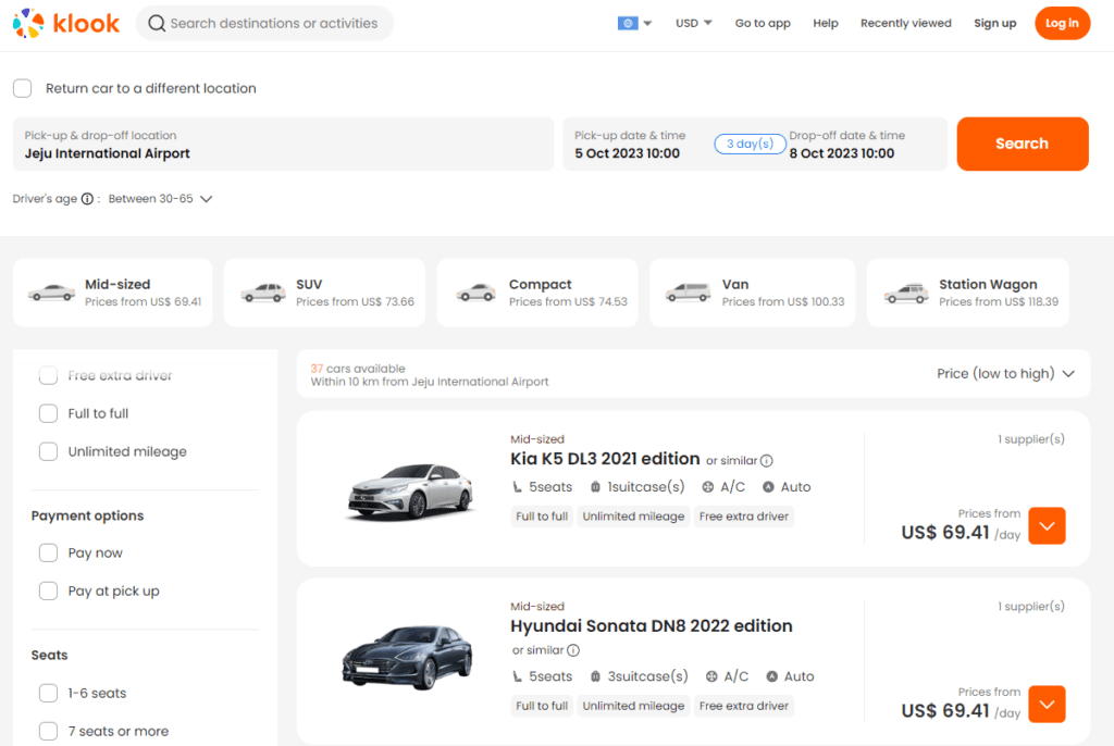 Klook Jeju Car Rental Search